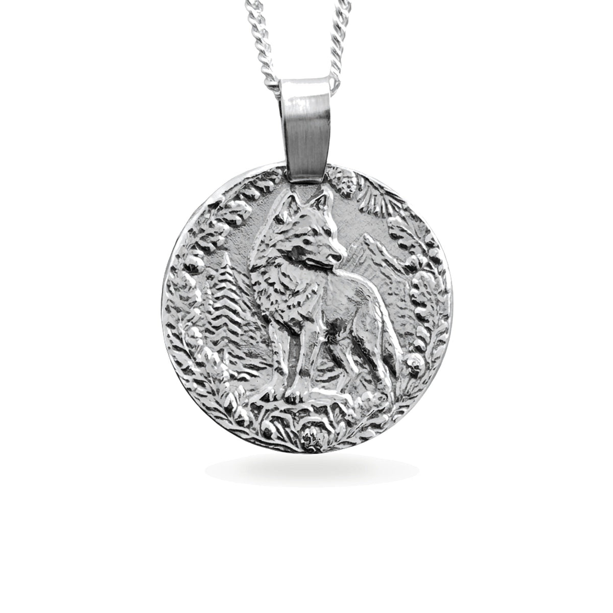 Sterling silver engraved wolf coin pendant necklace, handcrafted in the UK from recycled sterling silver