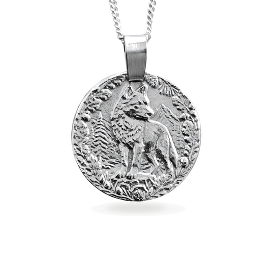 Sterling silver engraved wolf coin pendant necklace, handcrafted in the UK from recycled sterling silver
