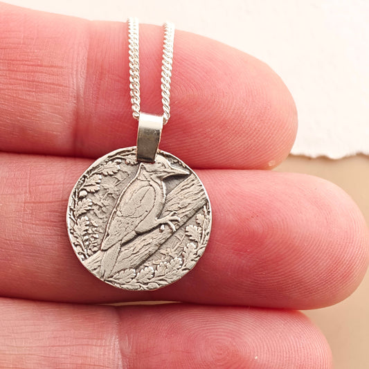 Woodpecker Engraved Sterling Silver Coin Necklace