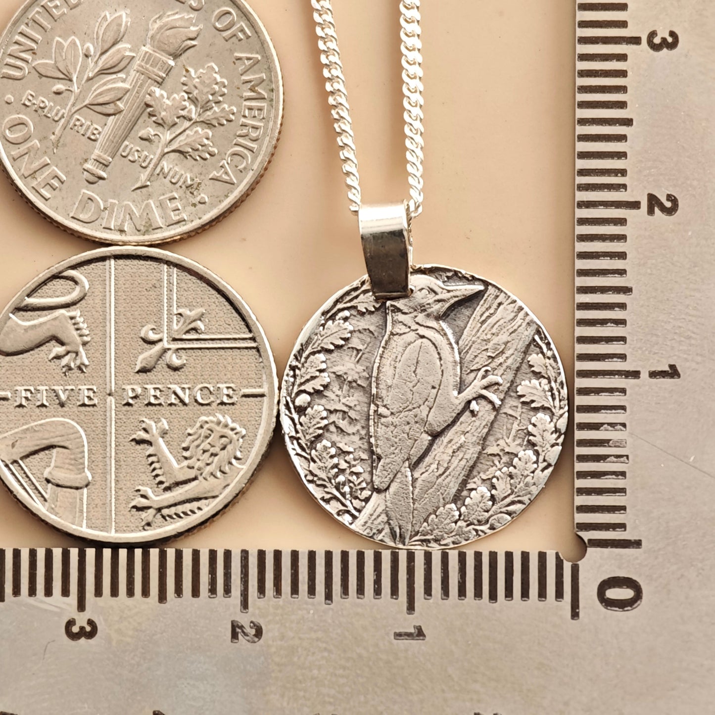 Woodpecker Engraved Sterling Silver Coin Necklace