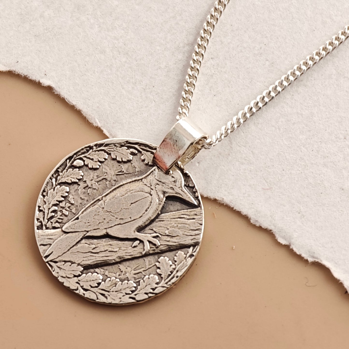 Woodpecker Engraved Sterling Silver Coin Necklace