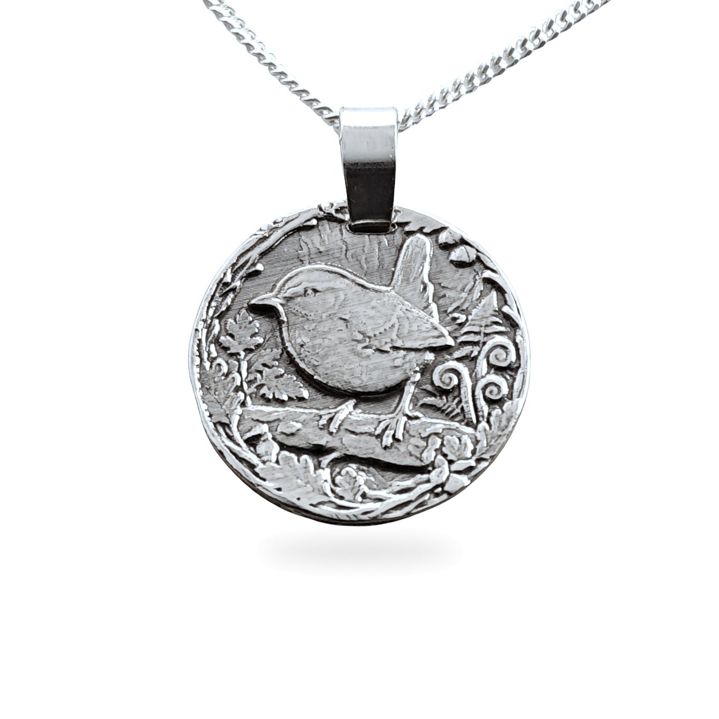Sterling silver engraved wren coin pendant necklace, handcrafted in the UK from recycled sterling silver