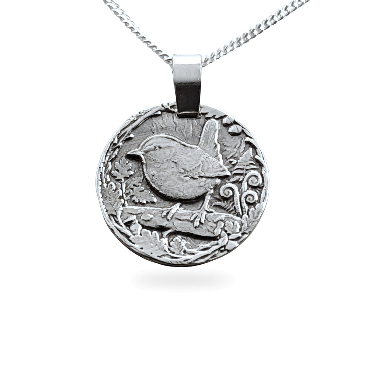 Sterling silver engraved wren coin pendant necklace, handcrafted in the UK from recycled sterling silver