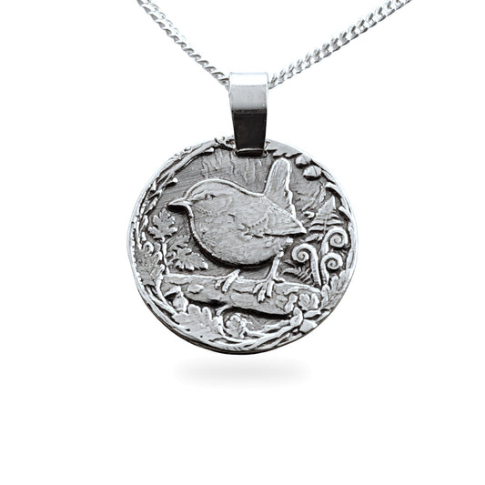 Sterling silver engraved wren coin pendant necklace, handcrafted in the UK from recycled sterling silver