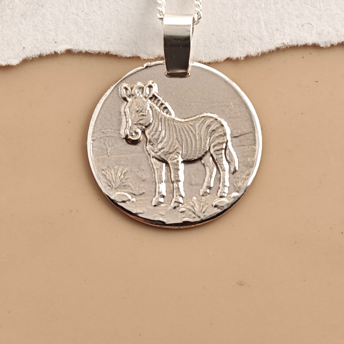 Zebra Engraved Sterling Silver Coin Necklace