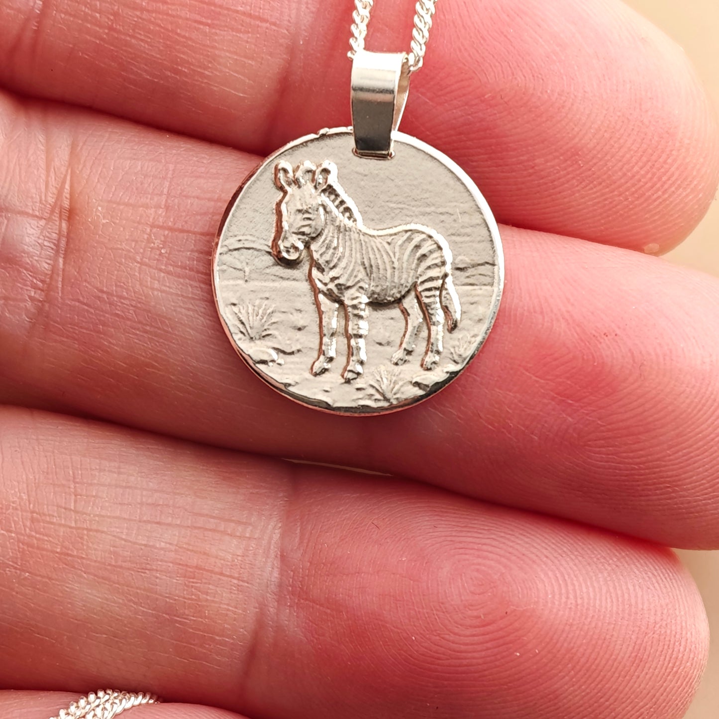 Zebra Engraved Sterling Silver Coin Necklace