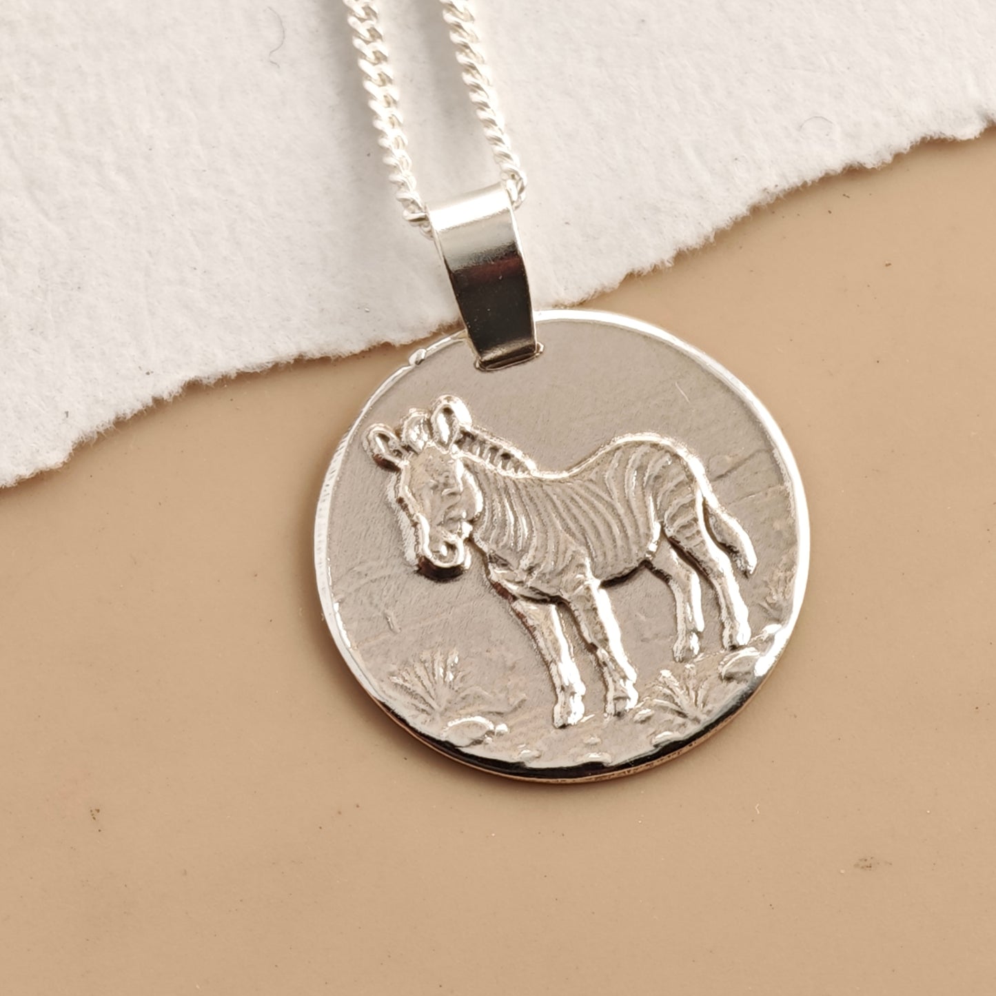 Zebra Engraved Sterling Silver Coin Necklace