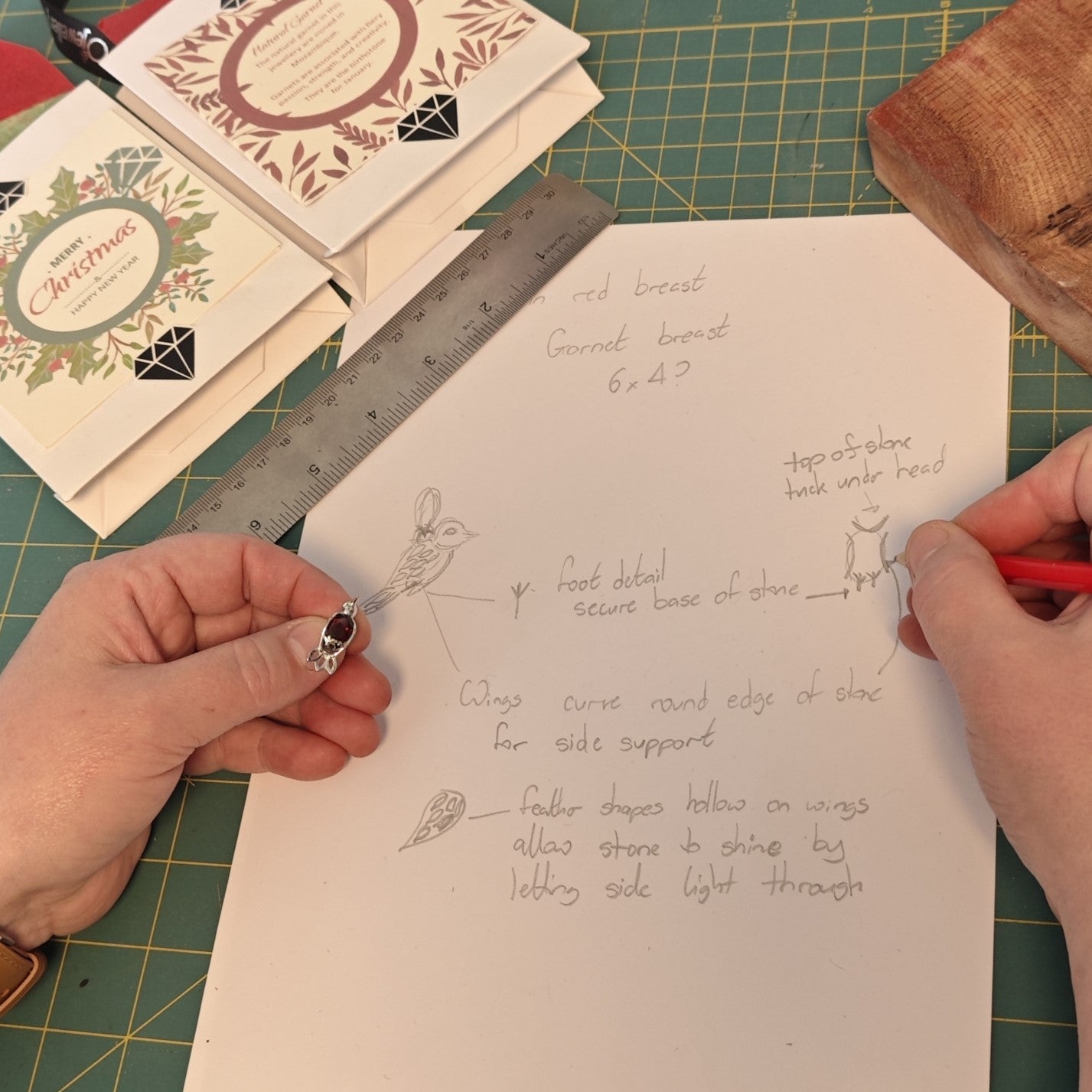 Sheet of paper showing outline sketches for garnet robin pendant design