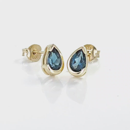 9ct Yellow Gold Earrings  London Blue Treated Topaz Studs Handmade