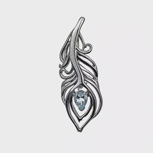 Aquamarine Sterling Silver Brooch Peacock Feather Boxed Gift