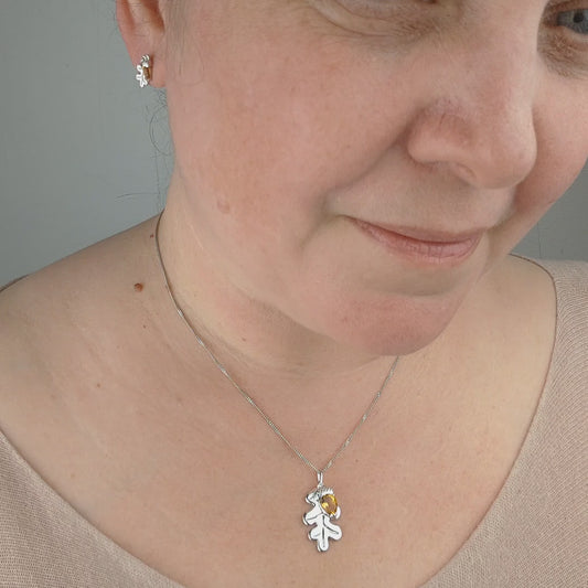 Citrine Necklace Stud Earring Set Sterling Silver Oak Leaf Natural Yellow Gemstone