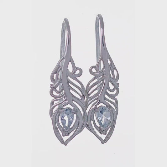 Sterling Silver Aquamarine Earrings Dangle Peacock Feather March Birthstone