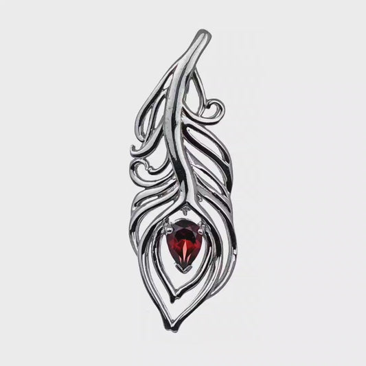 Garnet Sterling Silver Brooch Red 0.81ct Peacock Feather January Birthstone