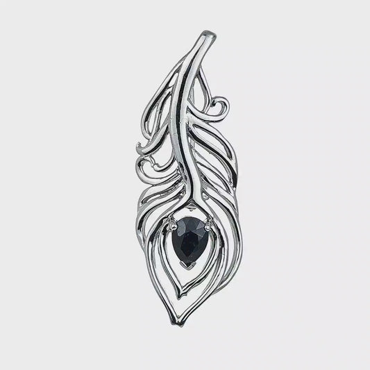 Sapphire Sterling Silver Brooch Peacock Feather Inky Blue Gift Boxed