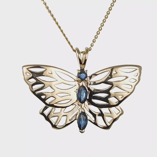 9ct Butterfly Necklace Yellow Gold London Blue Topaz Treated Hallmarked UK Design Handmade