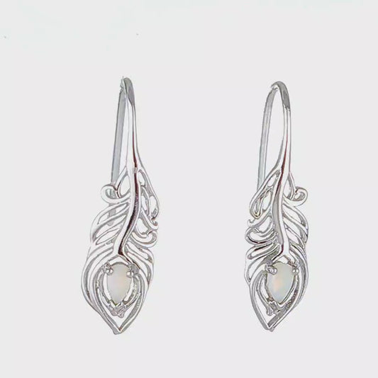 Sterling Silver Peacock Feather Dangle Earrings with Natural Australian White Opal