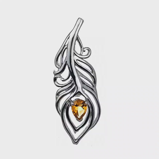 Citrine Sterling Silver Brooch 0.65ct Yellow Peacock Feather