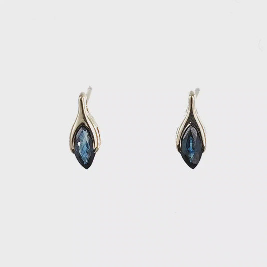 Blue Sapphire Earrings 9ct Yellow Gold Studs Minimalist Marquise