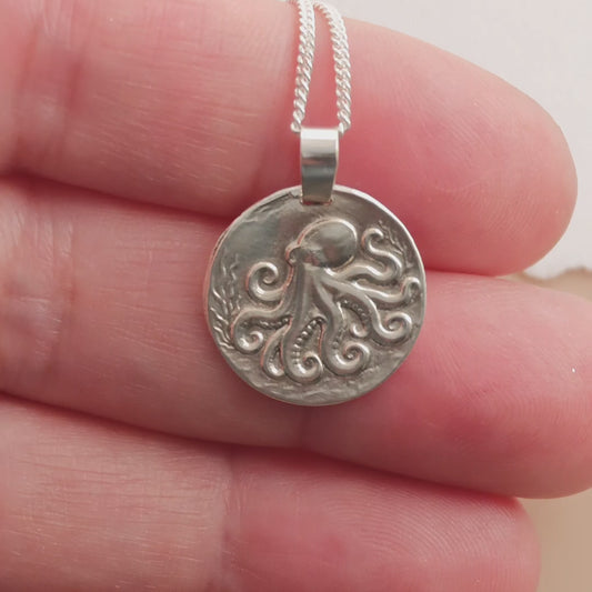 Octopus Engraved Sterling Silver Coin Necklace