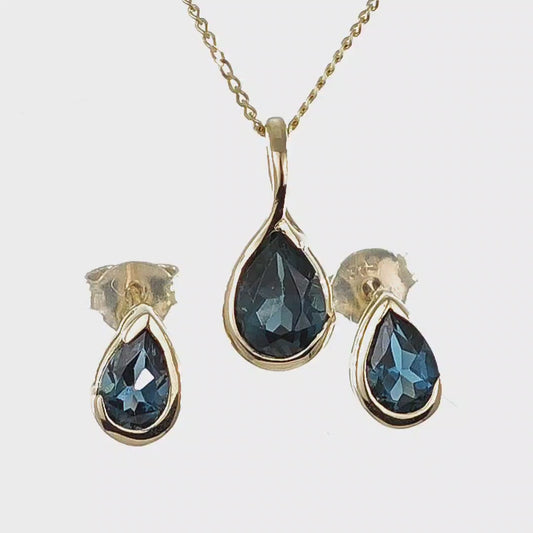 9ct Gold Set Necklace Earrings London Blue Treated Topaz Handmade