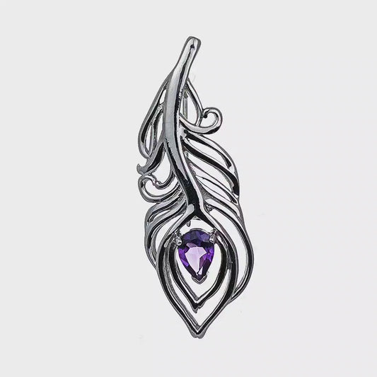 Amethyst Sterling Silver Brooch 0.61ct Peacock Feather February Birthstone