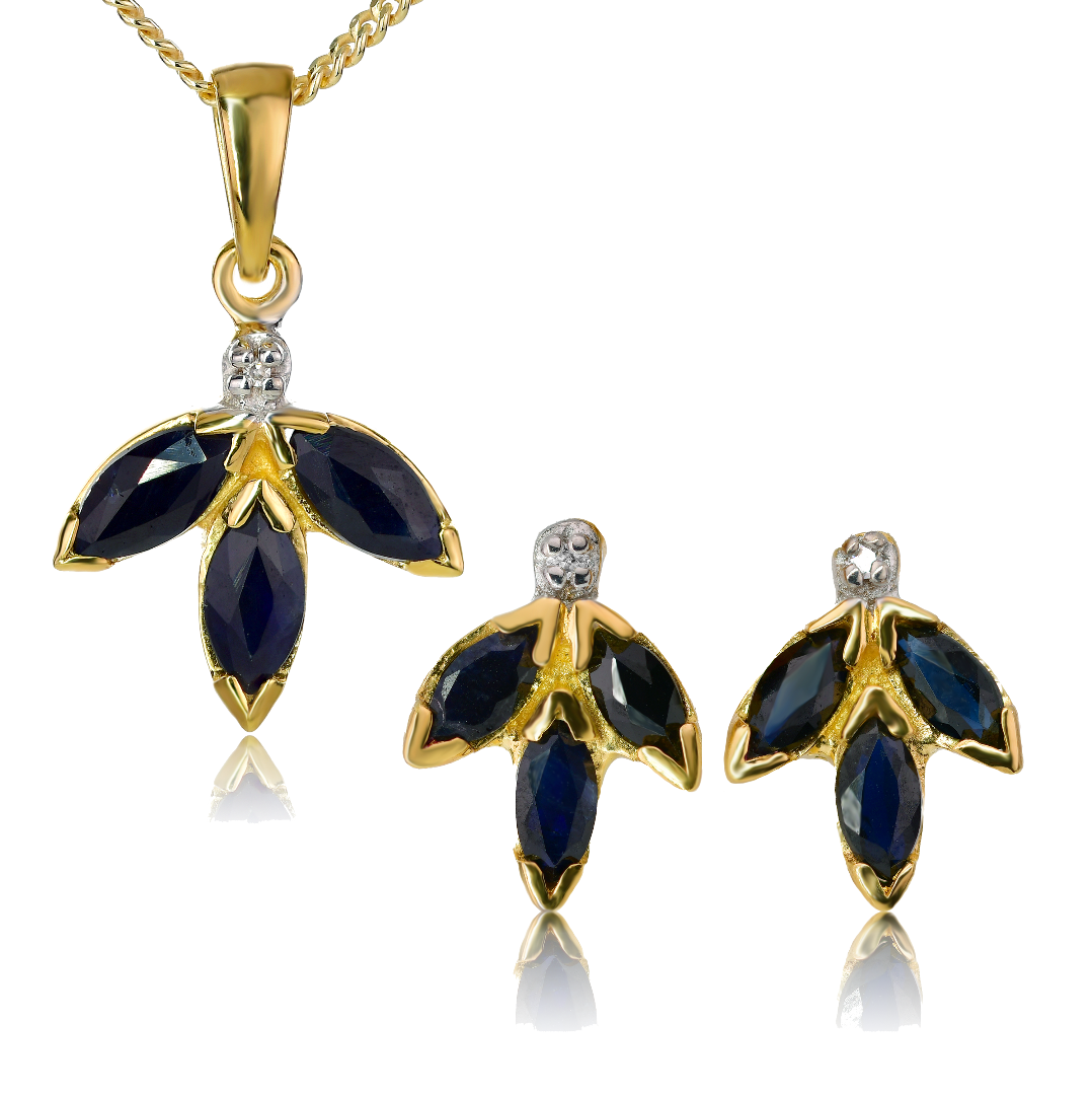 diamond necklace earrring set silver gold plate sapphire blue marquise 1.65ct designed in the UK