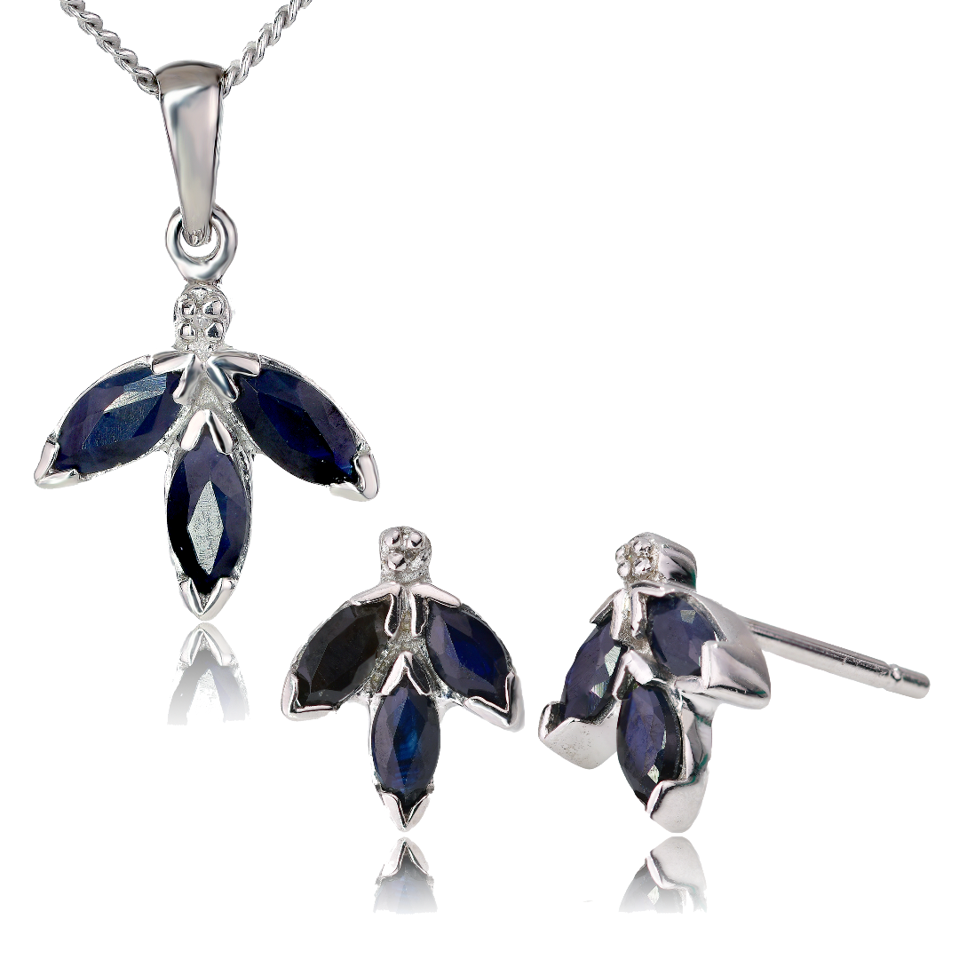 diamond necklace earring set silver sapphire pendant 1.65ct blue marquise designed in the UK
