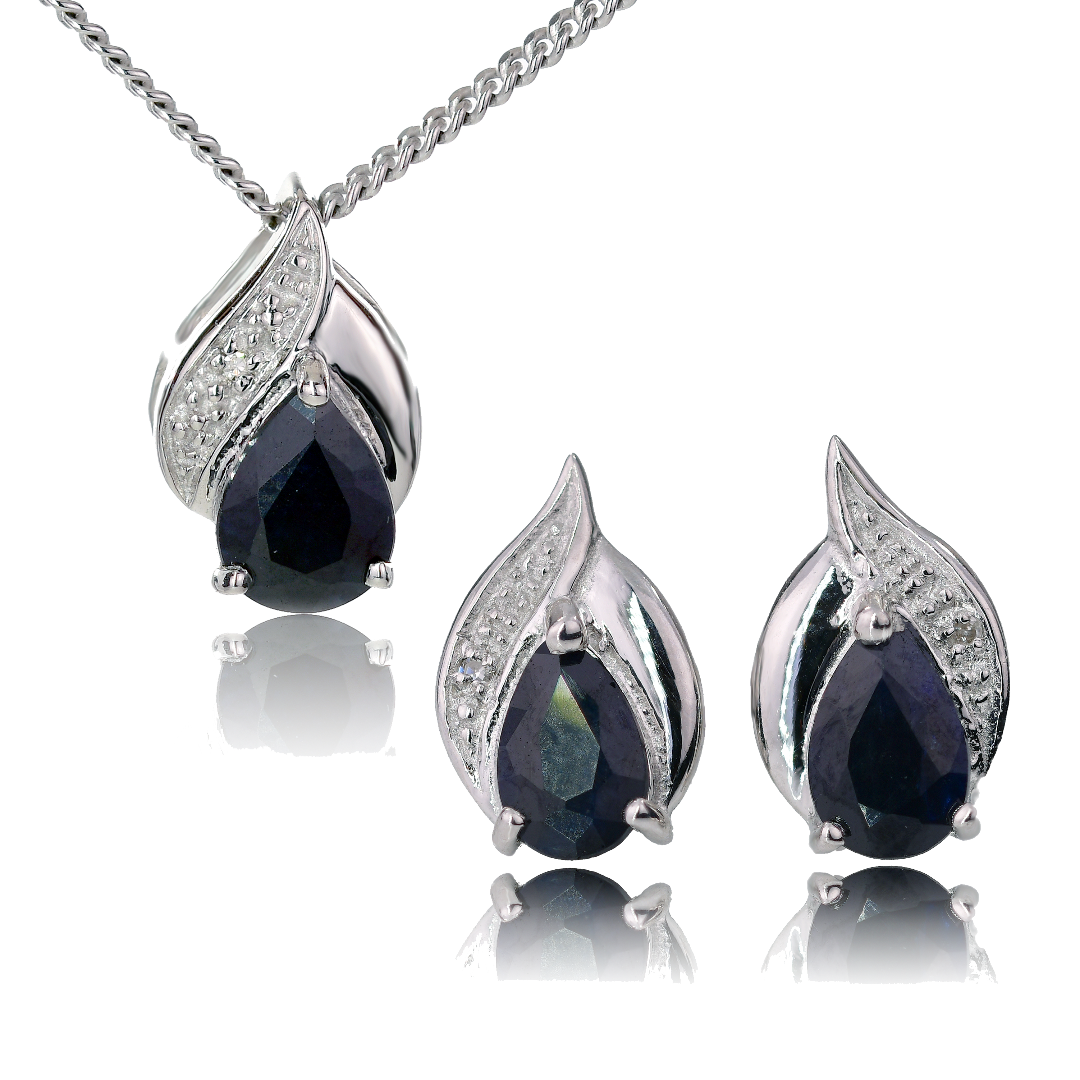 diamond necklace earring silver set sapphire blue 1.75ct ojewellery sdsiprsr designed in the UK