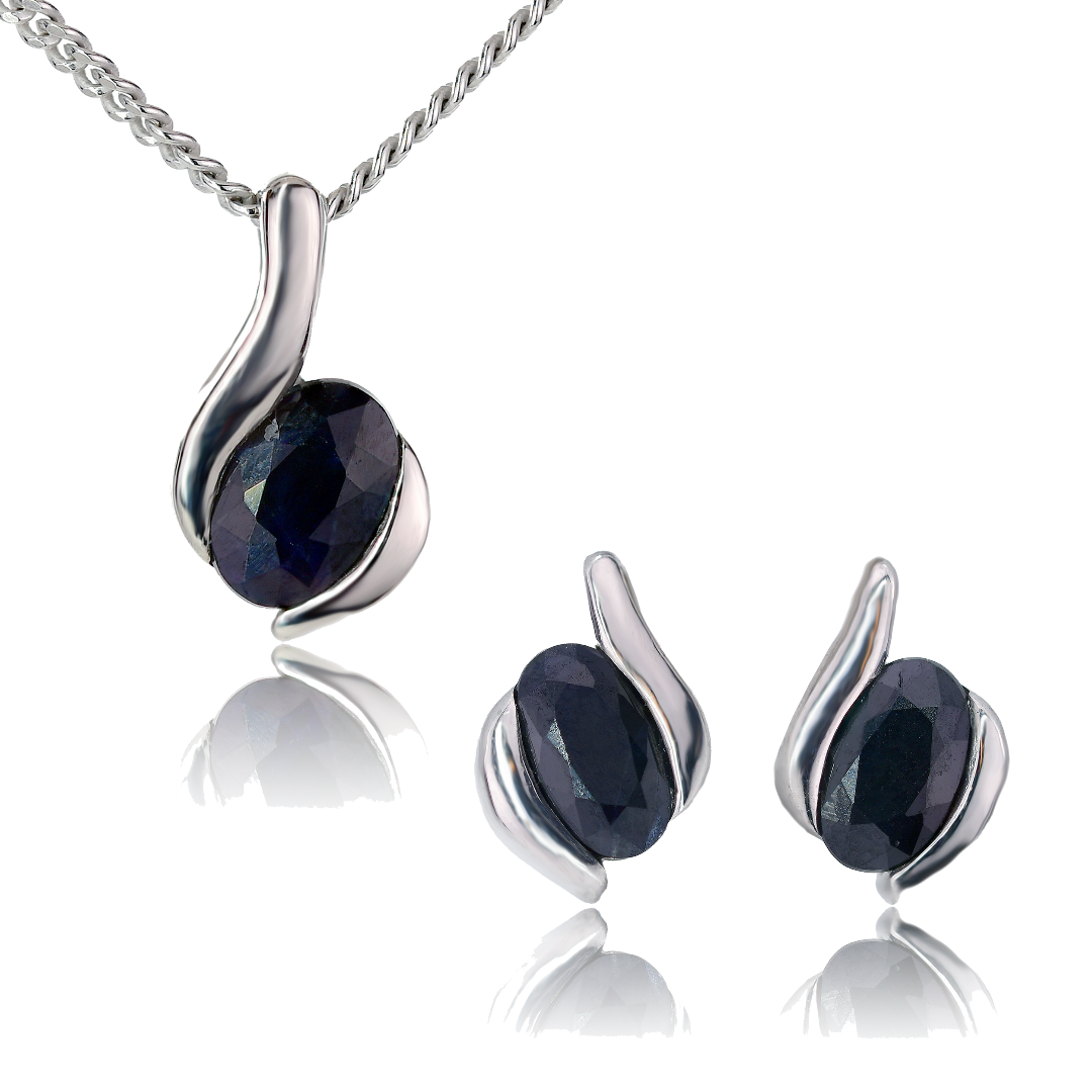 silver necklace earring set 925 sapphire blue 1.3ct oval 18'' chain designed in the UK
