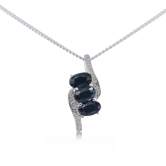 Silver Diamond Sapphire Pendant Natural Blue 1ct Trilogy 18'' Sterling 925 Chain PDSI3OSR
