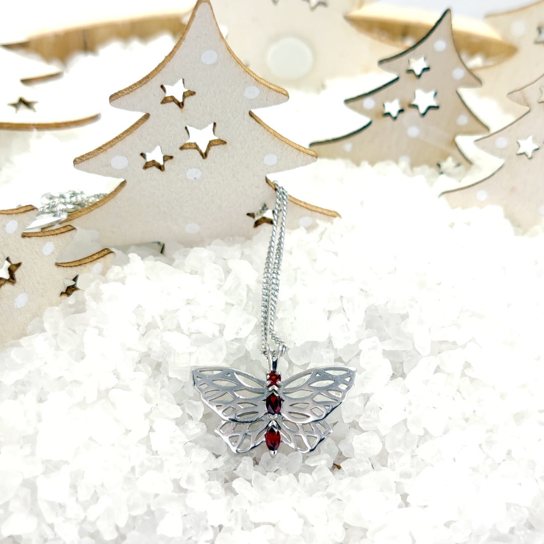 Garnet Butterfly Necklace Sterling Silver