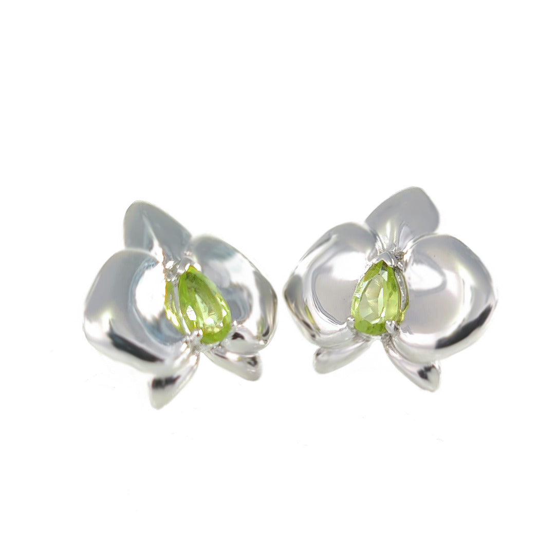 Peridot orchid flower earrings sterling silver