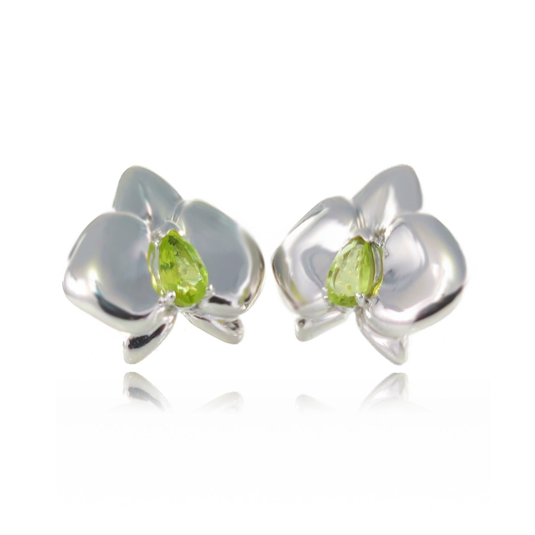 Peridot orchid flower earrings sterling silver