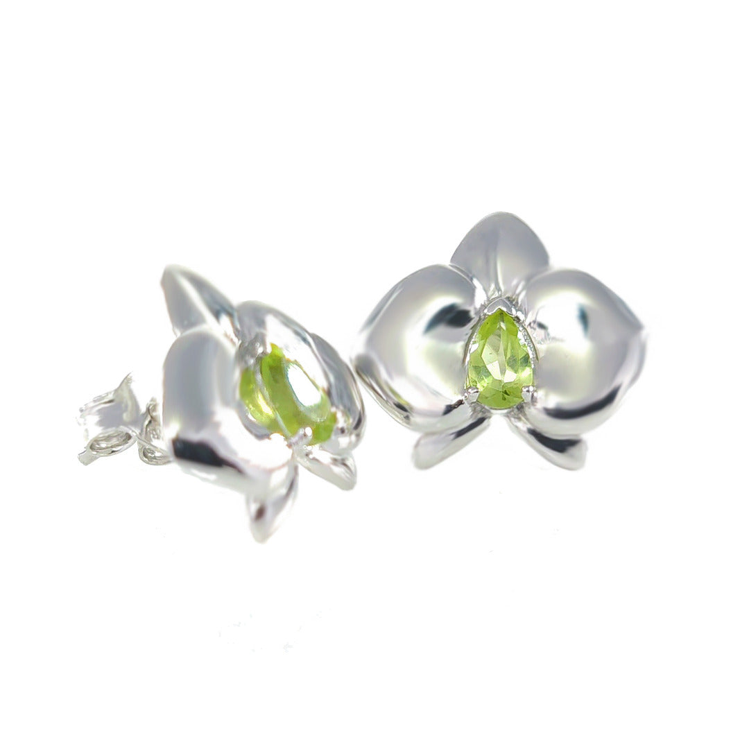 Peridot orchid flower earrings sterling silver