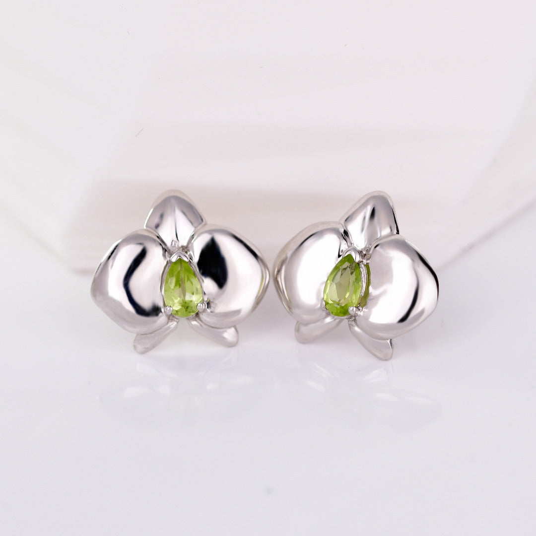 Peridot orchid flower earrings sterling silver