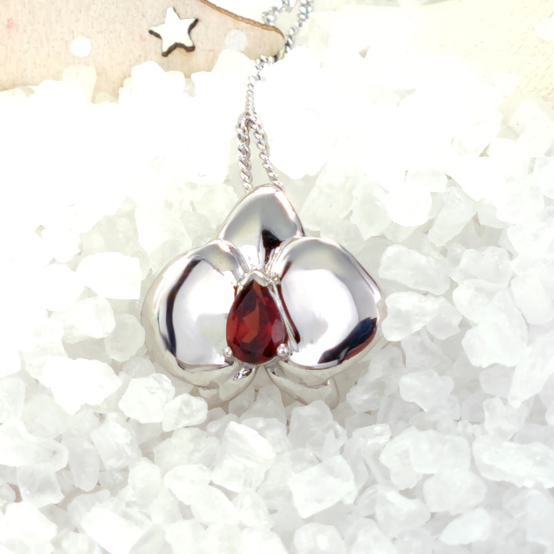 Garnet Aphrodite Orchid Necklace Sterling Silver