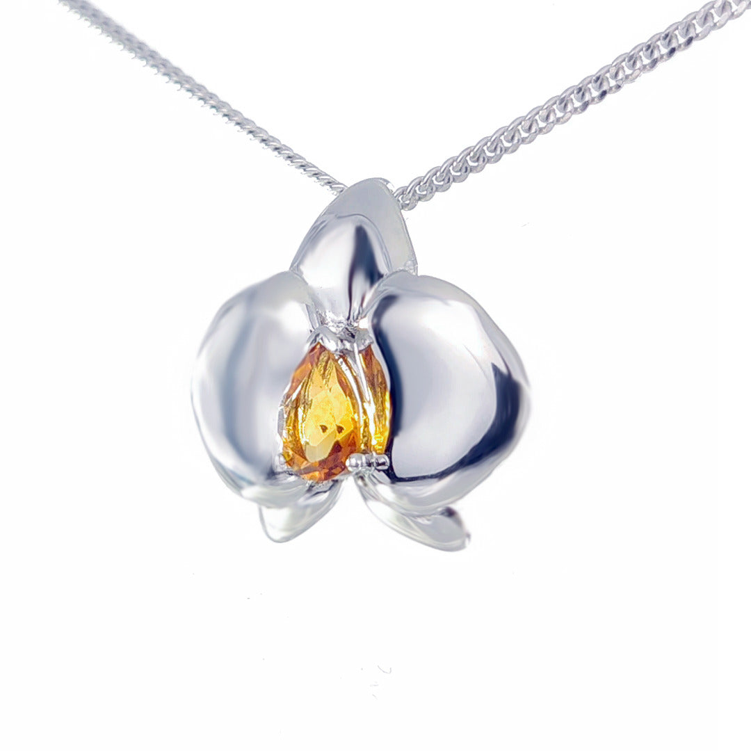 Silver Citrine Aphrodite Orchid Natural Yellow 0.35ct 18'' Sterling Chain