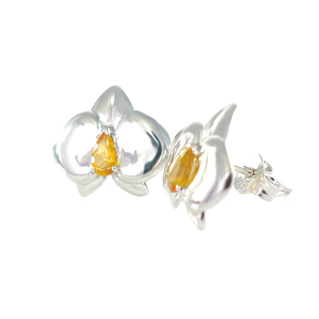 Silver Citrine Earrings Stud Aphrodite Orchid Natural Yellow 0.4ct
