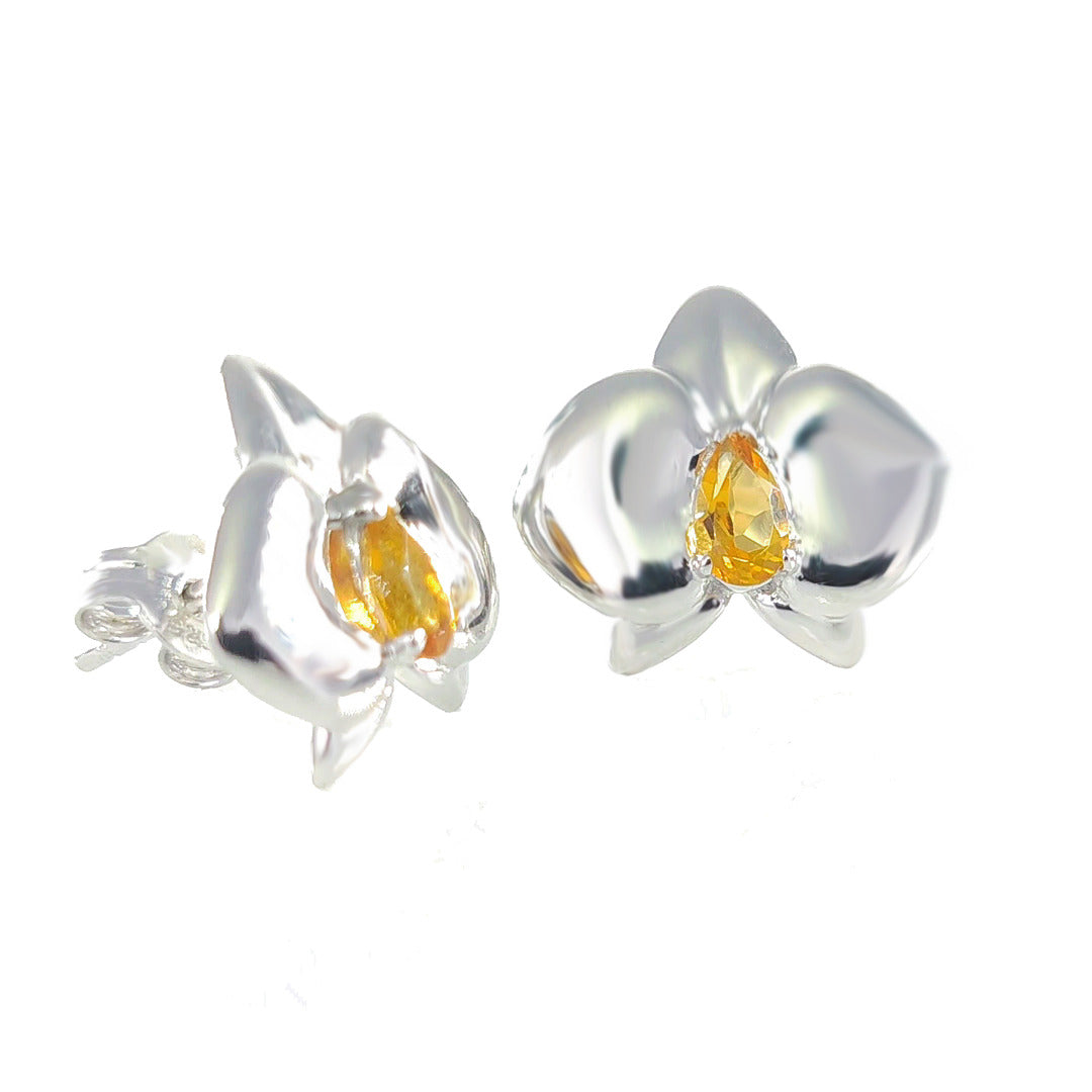 Silver Citrine Earrings Stud Aphrodite Orchid Natural Yellow 0.4ct