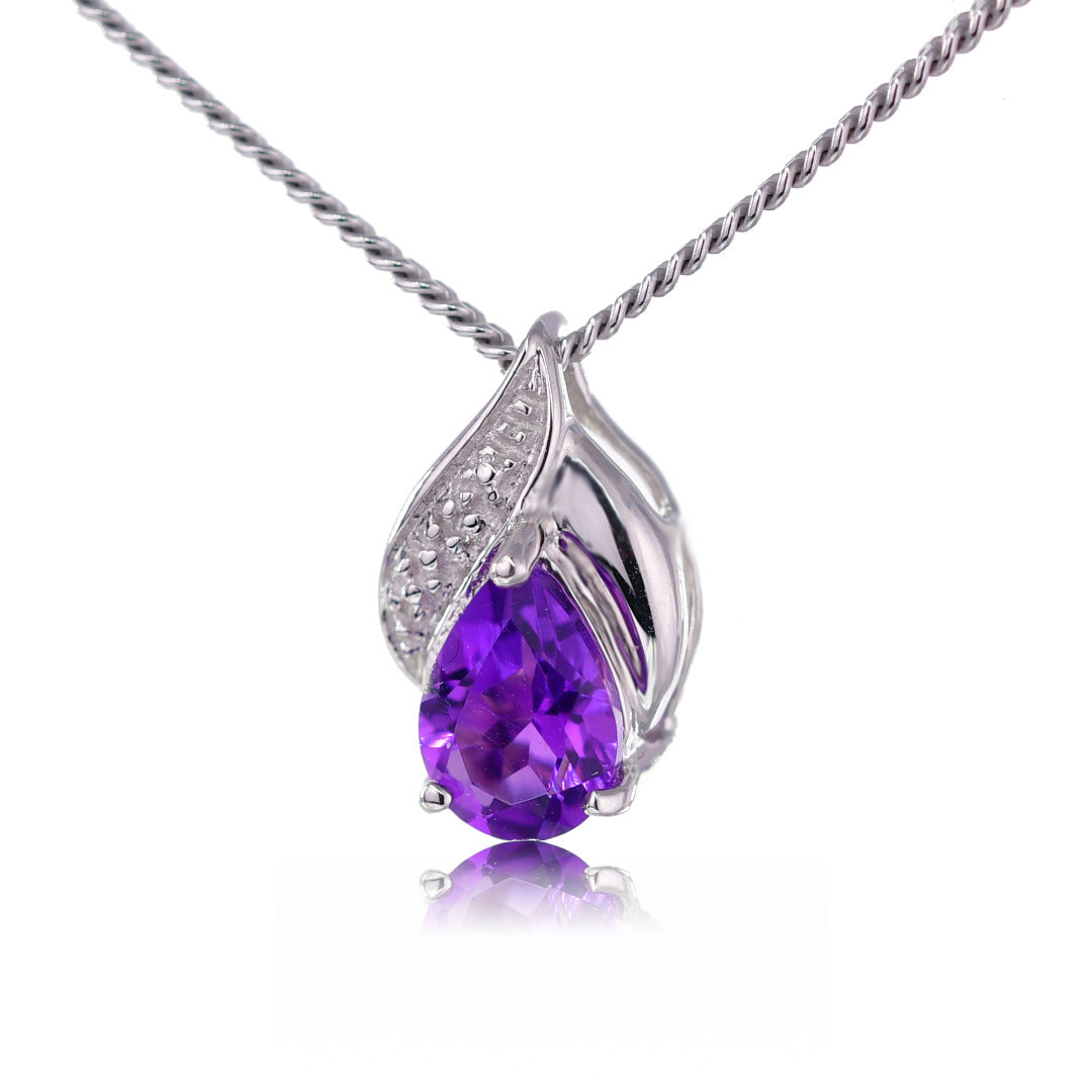 Sterling Silver Amethyst Pendant Natural Purple 0.65ct Real Diamond 18'' Chain