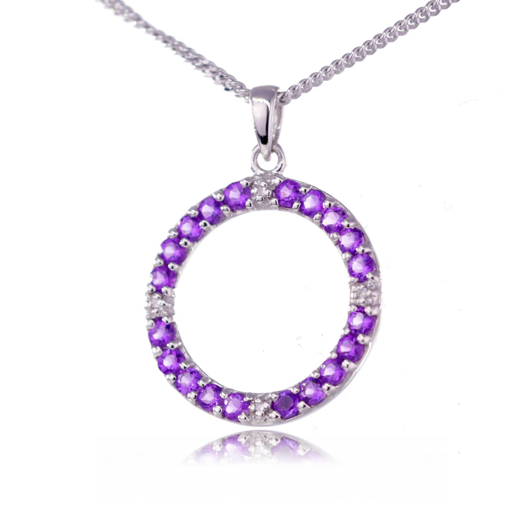 Amethyst Diamond Circle Pendant Sterling Silver