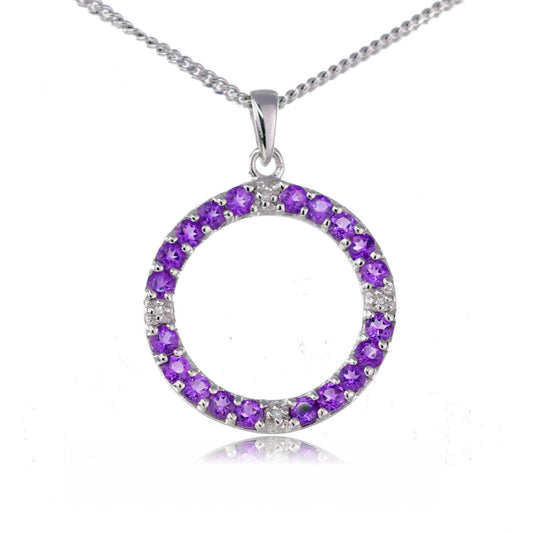 Amethyst Diamond Circle Pendant Sterling Silver