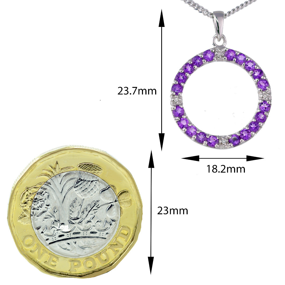 Amethyst Diamond Circle Pendant Sterling Silver