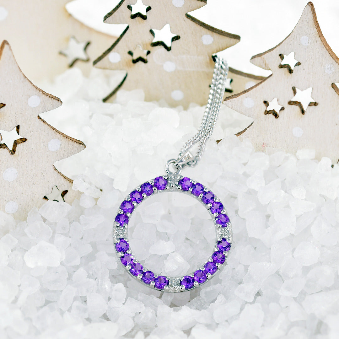 Amethyst Diamond Circle Pendant Sterling Silver