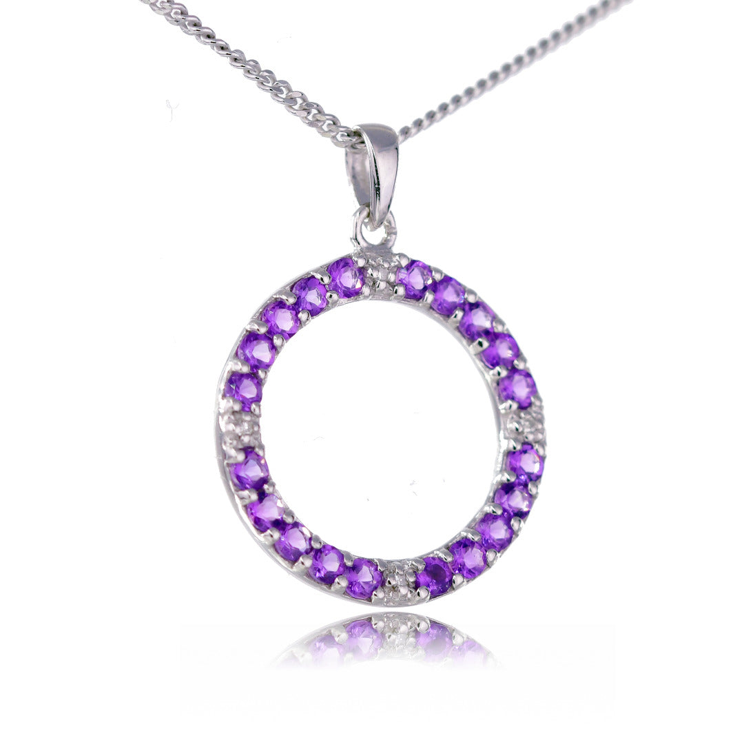 Amethyst Diamond Circle Pendant Sterling Silver