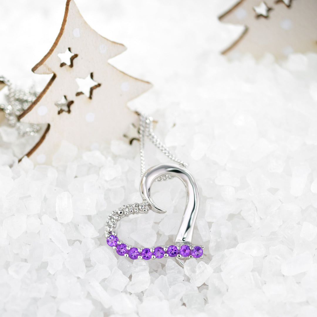 Amethyst and Diamond Heart Pendant Sterling Silver
