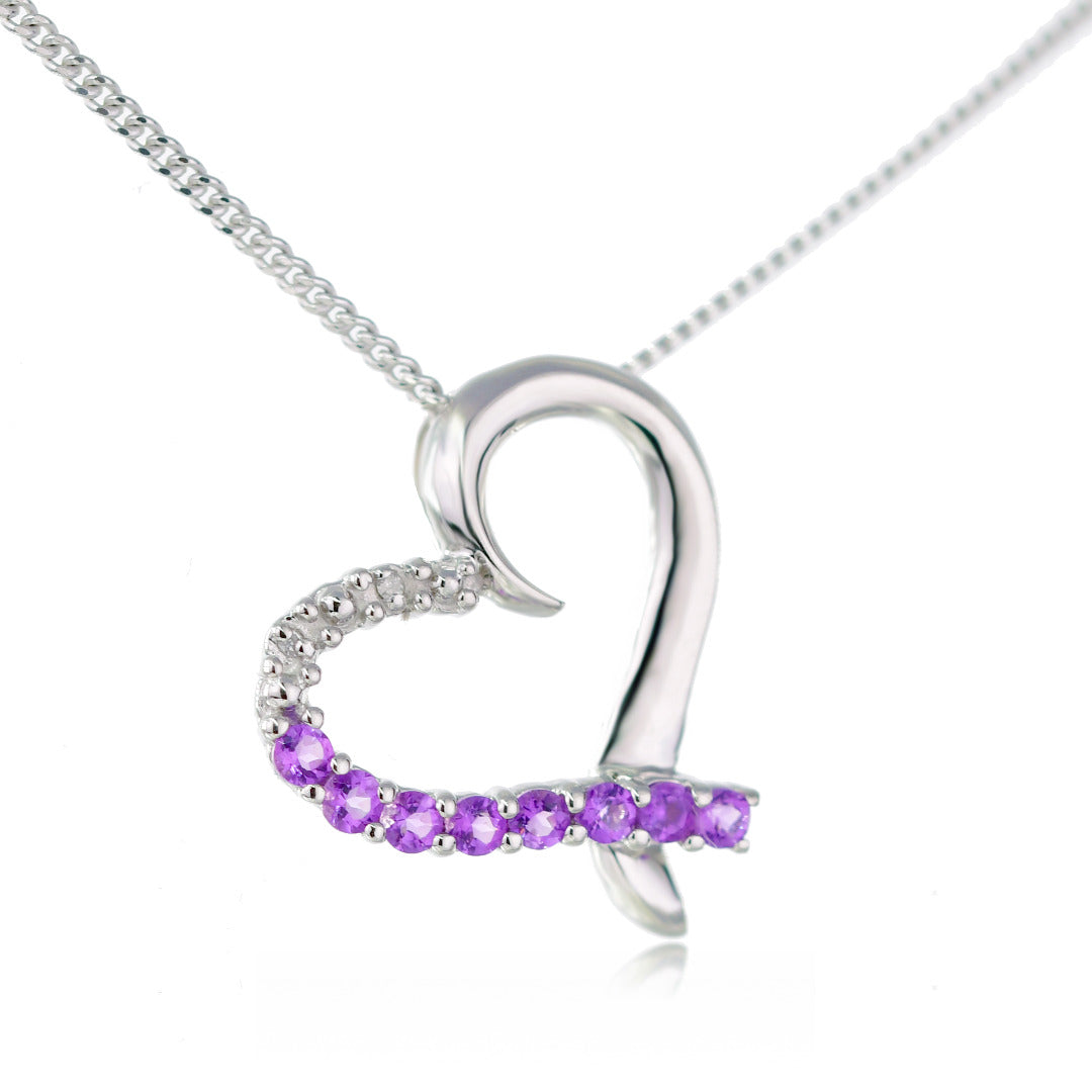 Amethyst and Diamond Heart Pendant Sterling Silver