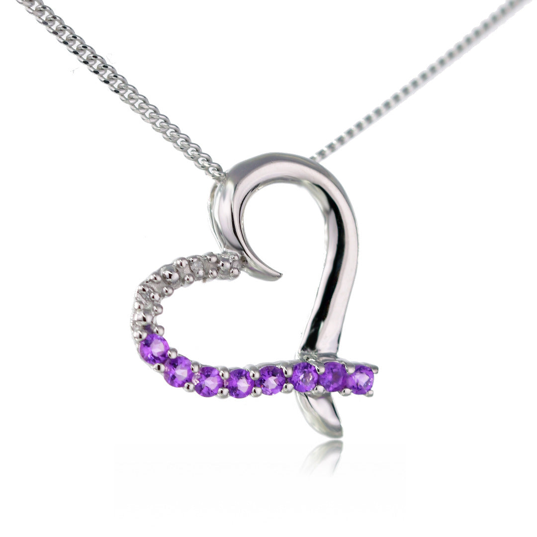 Amethyst and Diamond Heart Pendant Sterling Silver
