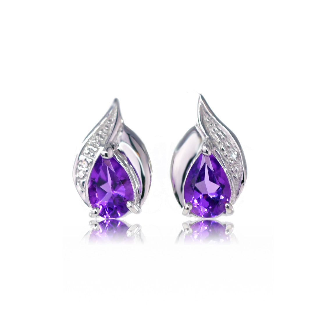 silver diamond earrings stud amethyst pear designed in the UK