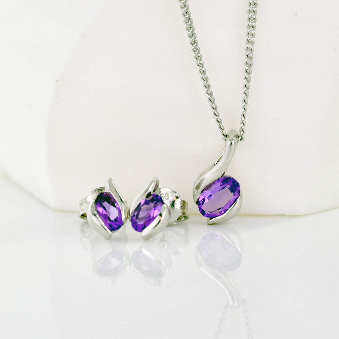 Amethyst Necklace Earring Set 0.91ct Purple Silver 18'' February Birthstone